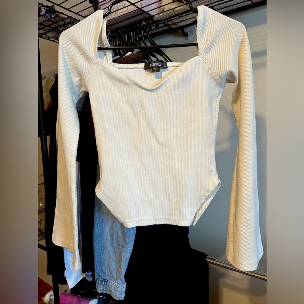 Missguided Wide long sleeves Rib Assymetrical Top Cream